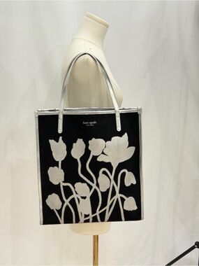 Kate Spade Black Silver Floral Canvas Tote Bag